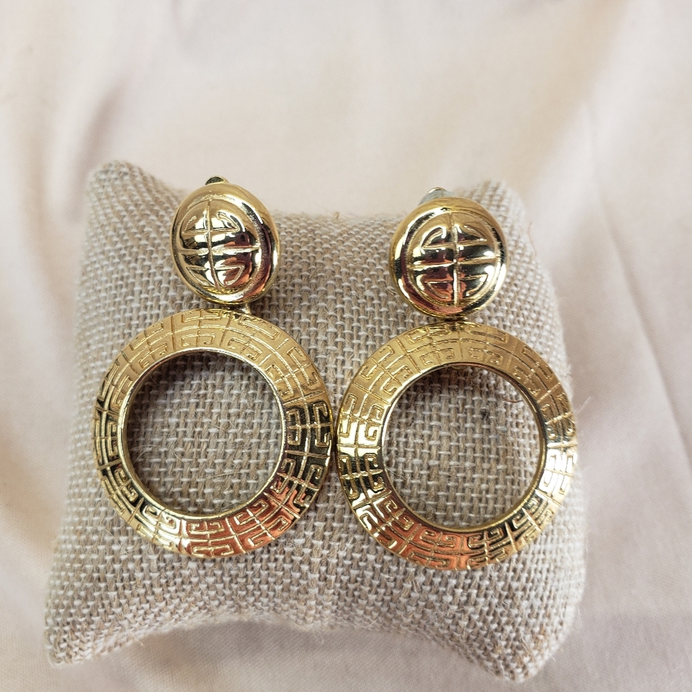 Vintage Givenchy Gold Plated Logo Dangle Hoop Clip-on Earrings